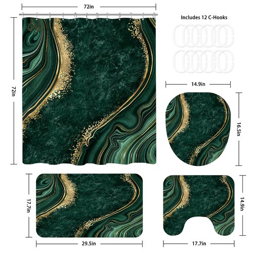 BayNook 4PCS Emerald Green Gold Marble Shower Curtain Sets with Rugs, Abstract Bathroom Sets with Shower Curtain and Rugs, Bathroom Curtains Shower Set with Toilet Lid Cover for Bathroom Decor