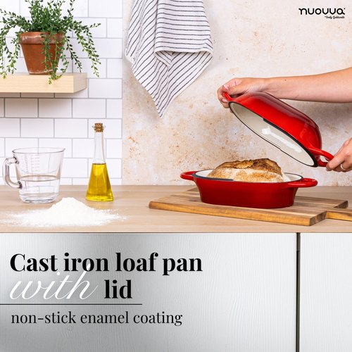 Dutch Oven For Sourdough Bread Baking – Enamelled Cast Iron Bread Loaf Pot – Oven Safe Non Stick Bread Pot – Rectangular, Red, 24cm x 16cm – by Nuovva