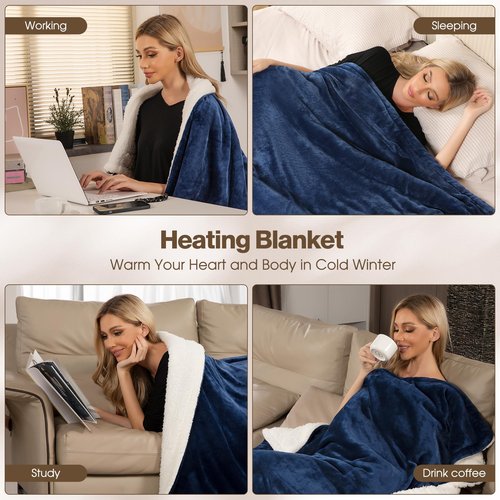 OneAmg Heated Blanket Electric Queen Size 84"X90",Electric Blanket with 6 Heat Settings & 1-10 Hours Time Settings Auto-Off,Machine Washable Heating Blanket for Home and Office (Blue)