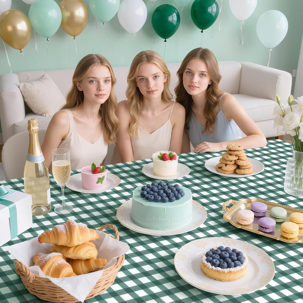 Skiennix Sage Green Striped Gingham Tablecloth - Waterproof Disposable Plastic, 54 x 108 Inch for Events