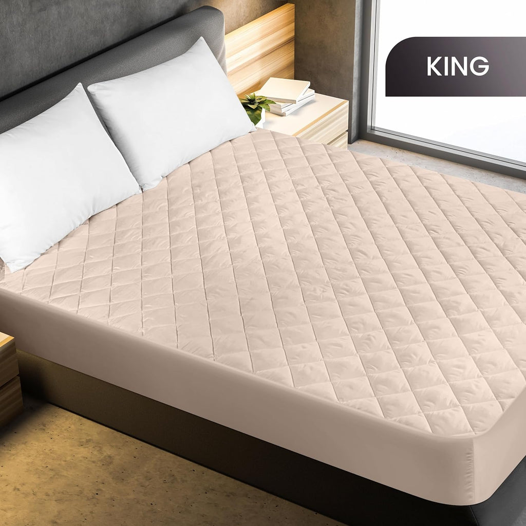 Utopia Bedding Quilted Fitted Mattress Pad - King Size Deep Pocket Protector | Machine Washable Beige