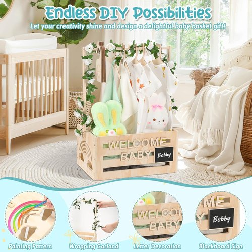 Jupwalz Wooden Baby Shower Crate Closet With Hangers, Letters, Dividers - Easy Assembly Basket for Newborn Boys Girls - Pregnancy Gifts for New Parents
