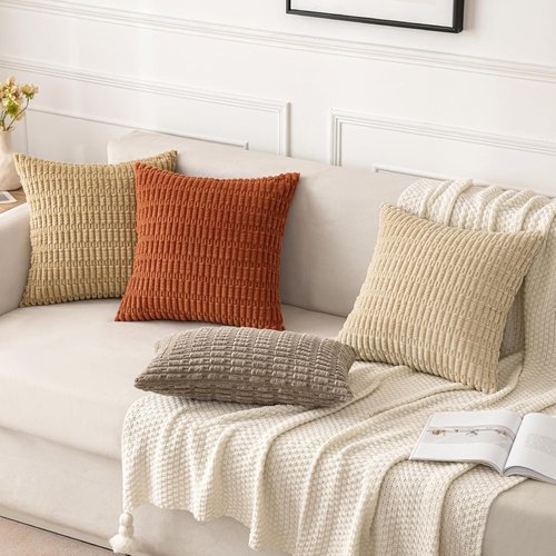 MIULEE Corduroy Throw Pillow Covers - Soft Boho Striped Design | 16x16 Inch Tan for Modern Home Decor
