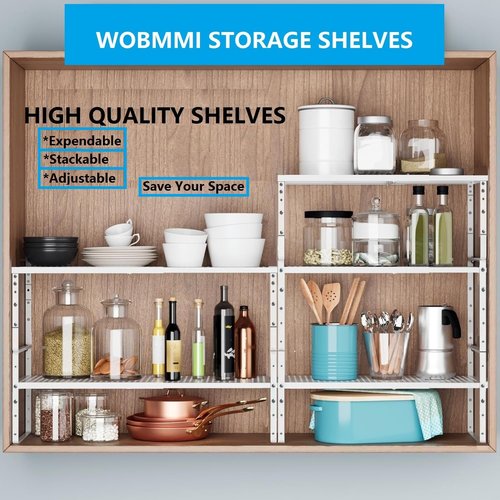 Wobmmi Expandable,Adjustable & Stackable Spice Rack, Cabinet Kitchen Countertop Shelf Organizer,Metal Pantry Storage Shelves - Space-Saving Storage Solution(2Packs/White/Medium)