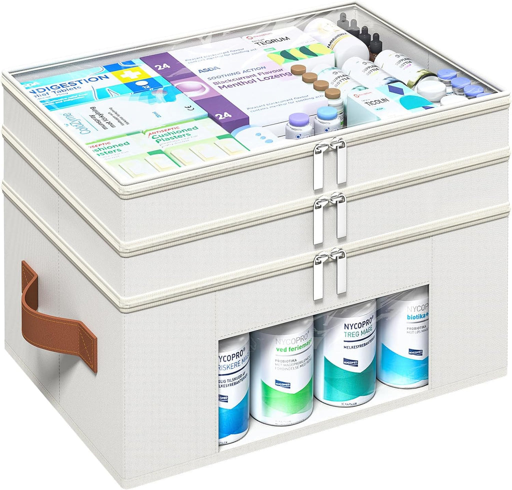 Skiennix 3-Tier Medicine Organizer - Foldable Storage Box with Clear Cover & Leather Handle | Perfect for Home & Travel