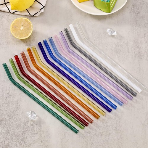 14 Pcs Reusable Bent Colorful Glass Straws,9''x8 mm Shatter Resistant Cute Drinking Straws with 2 Cleaner Brush for Coffee,Juice,Cocktail,Teas,Beverages