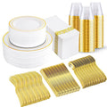 I00000 350Pcs Gold Dinnerware Set for 50 Guests, Gold Plastic Plates for Party, Include: 100 Disposable Plastic Plates, 50 Paper Napkins, 50 Cups, 50 Silverware Set Perfect for Party & Wedding