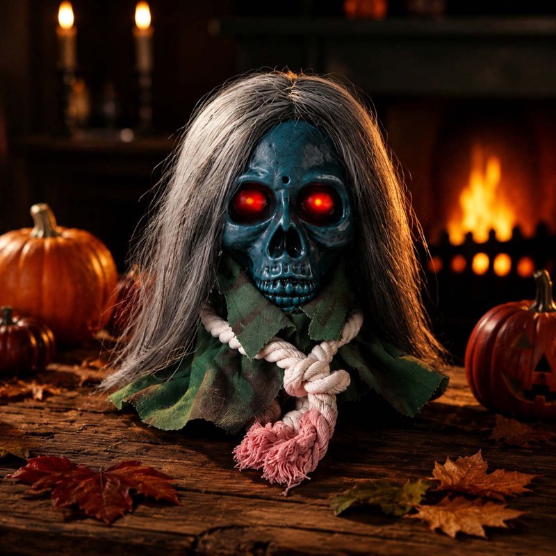 Halloween Moving Skull Head Prop with Long Hair, Creepy Hanging Skeleton Decor - Blue Variation