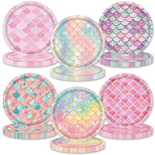 48 Pieces Mermaid Paper Plates Birthday Party Supplies, 7 Inch Mermaid Disposable Plate, Ocean Theme Cake Dessert Plates for Baby Shower Brial Shower Ocean Birthday Party Decorations (6 Designs)