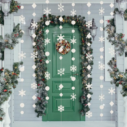 65Ft Winter Wonderland Snowflakes Decorations Glitter White Snowflake Garland- Shimmer Holographic Paper Snowflakes Streamers for Christmas Frozen Birthday Winter Wonderland Party Baby Shower Decor