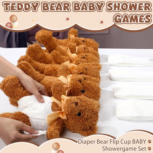 Seenelling 6 Sets Bear Blindfolded Diaper Changing Coed Baby Shower Games Kit Baby Dolls Bears Diapers for Bridal Shower Gender Reveal Games Prizes Gifts for Adults Boys Girls (Tan)