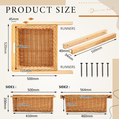 Memorywuu Rustic Wicker Pull out Cabinet Organizer Basket Drawers with Frame and Runners Slide 20" W x 20" l x 8" H for Kitchen Shelf Pantry Storage, Easy DIY Installation