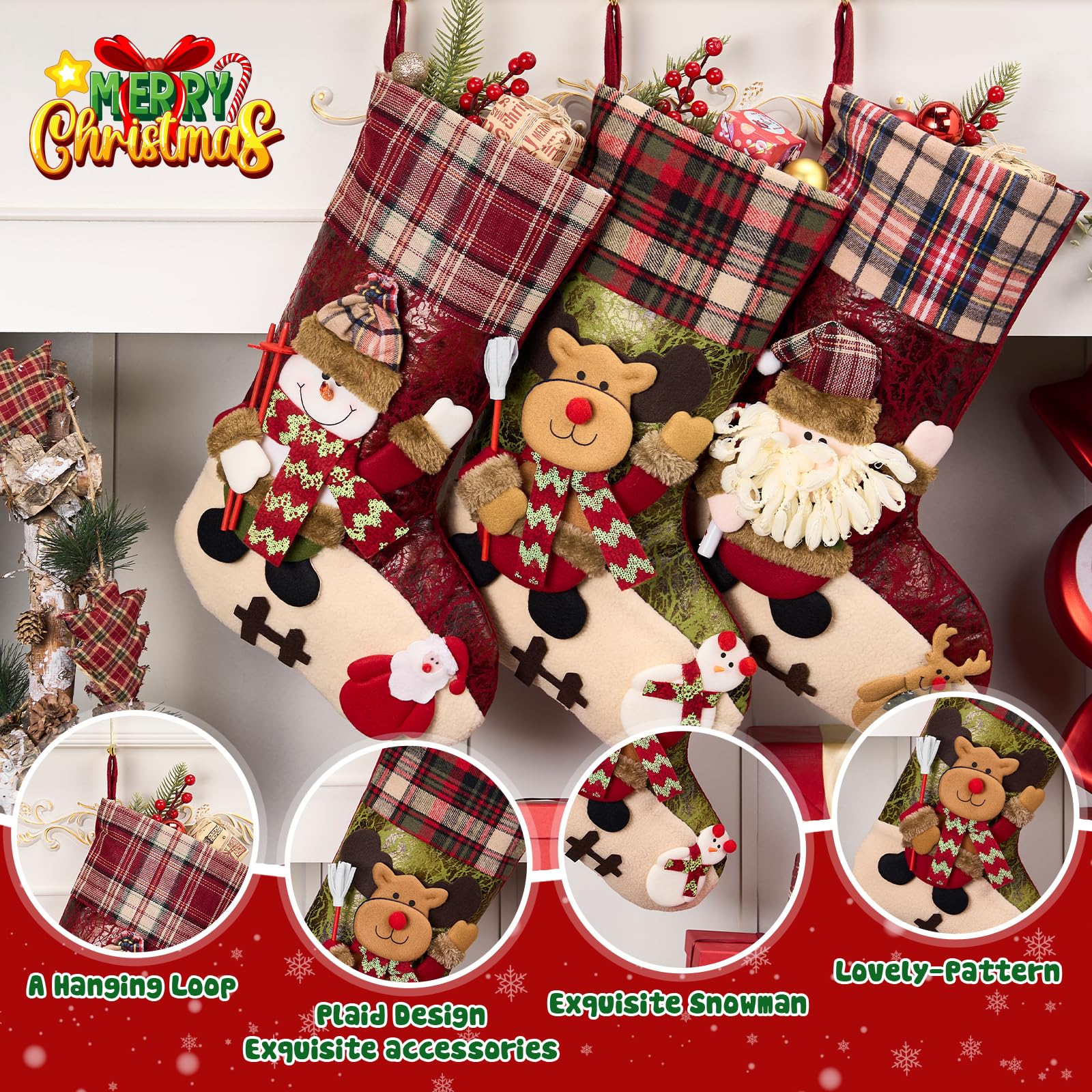 1 Pack Jumbo 3D Christmas Stockings with Golden Hooks, Extra Large 18'' Xmas Socks for Fireplace Mantel Decor, Holiday Hanging Stockings Set for Gifts (Plaid Snowman)