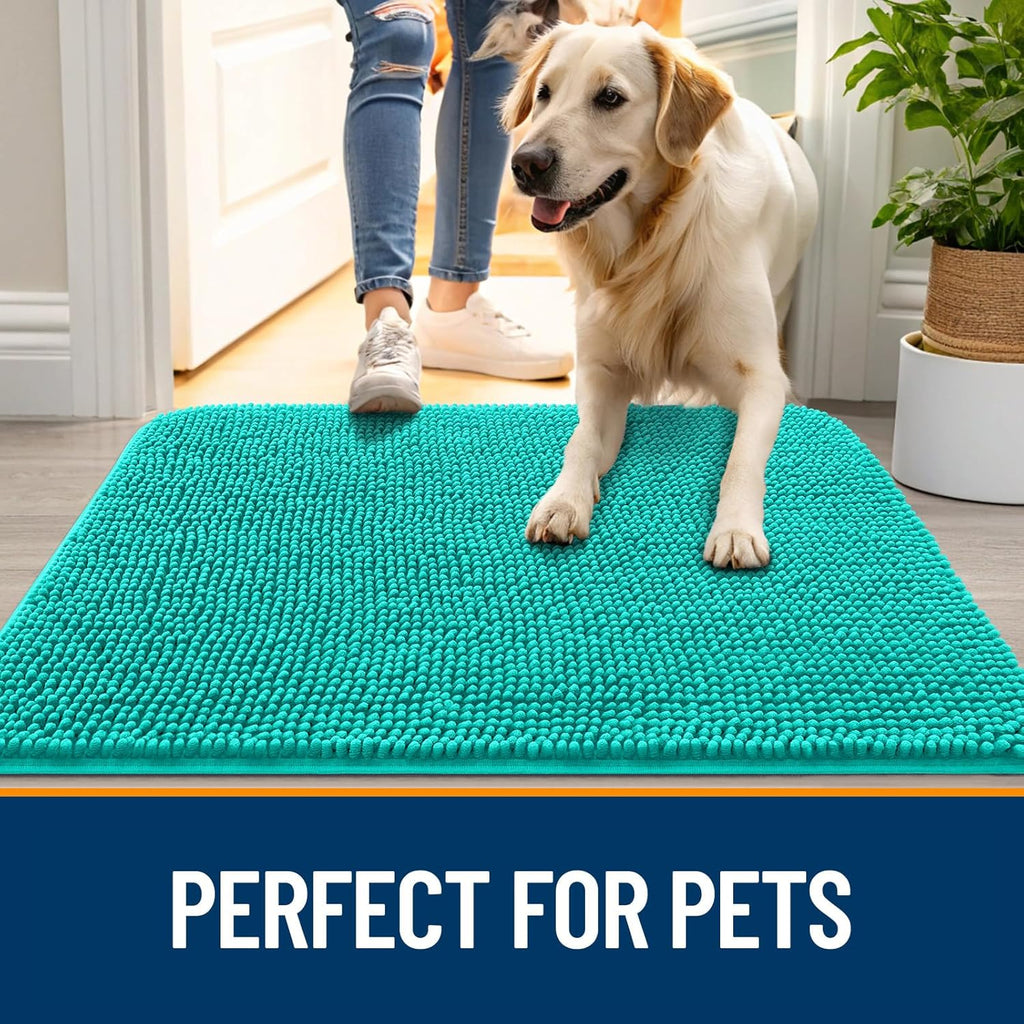 OLANLY Dog Door Mat - Absorbent Non-Slip Chenille Mat for Muddy Paws | Quick Dry 47x32 Teal Doormat