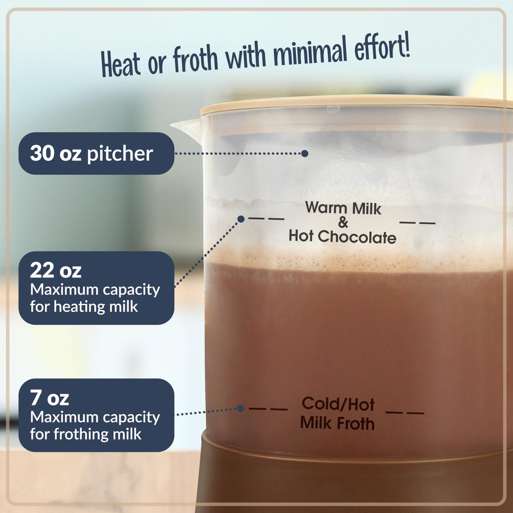 Nostalgia 32 Oz Frother and Hot Chocolate Maker, Warm or Cold Milk Foam, Includes Cocoa Bomb Mold, for Coffees, Lattes, Cappuccinos, Brown