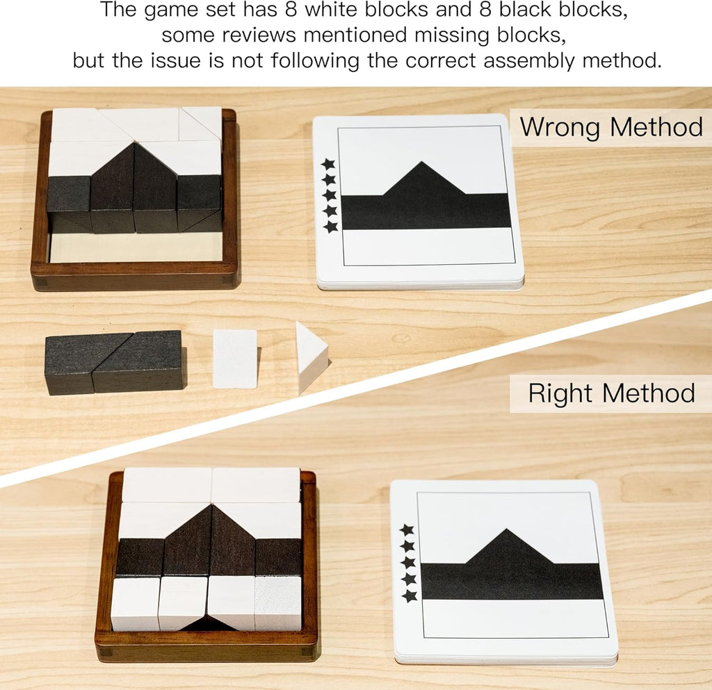 Wooden Hidden Blocks Puzzle Game - 80 Brain Challenges with Solid Wood Box | Deluxe Black & White Pieces