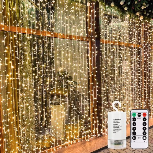 Echosari 300 LED Curtain Lights - Battery Operated Fairy Lights with Remote Timer | 9.8ft x 9.8ft Warm White for Bedroom, Patio, Wedding Décor