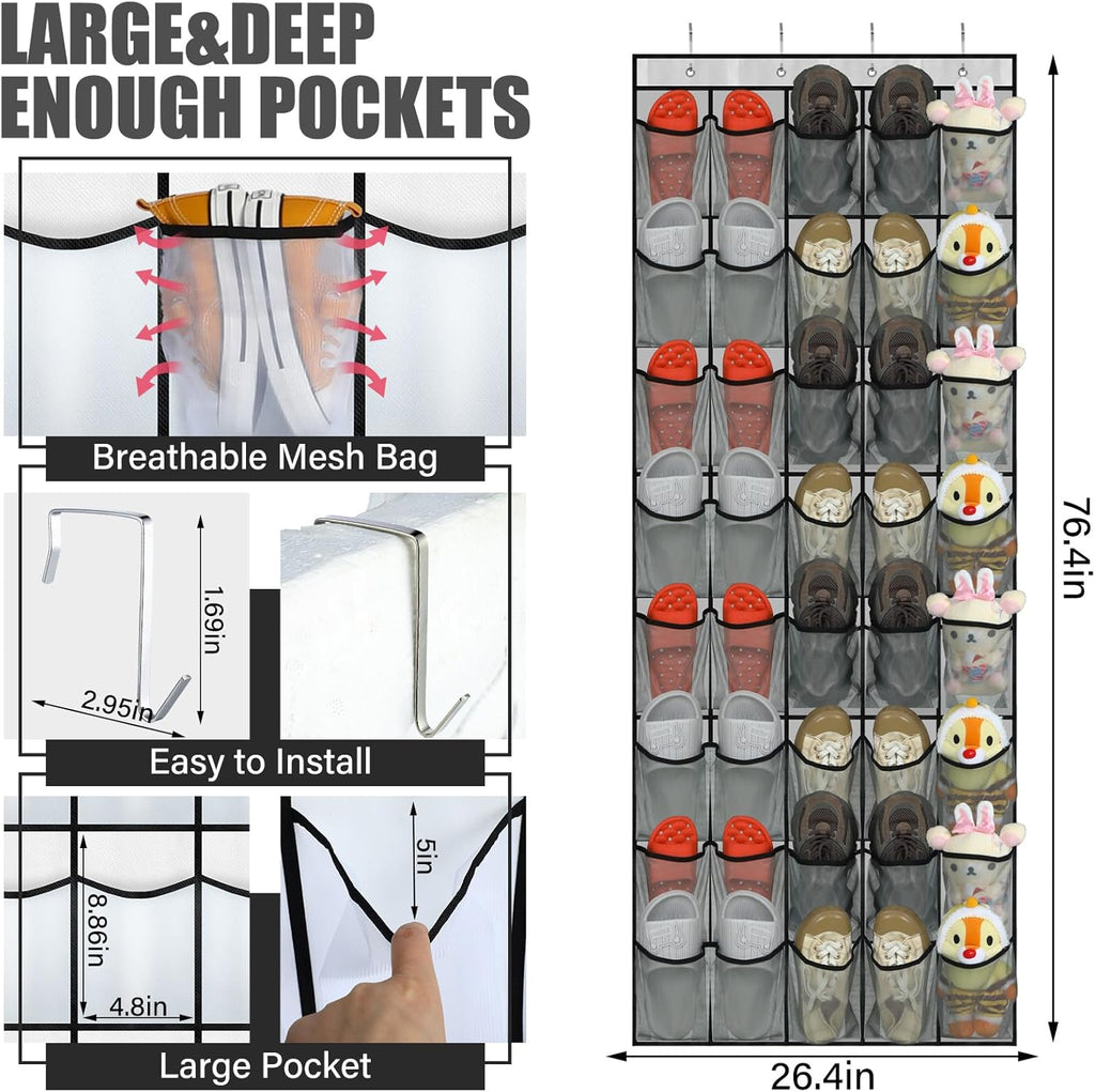 Windyun Over The Door Shoe Organizer - Large Capacity Gray Hanging Rack for Dorm, Closet & Entryway