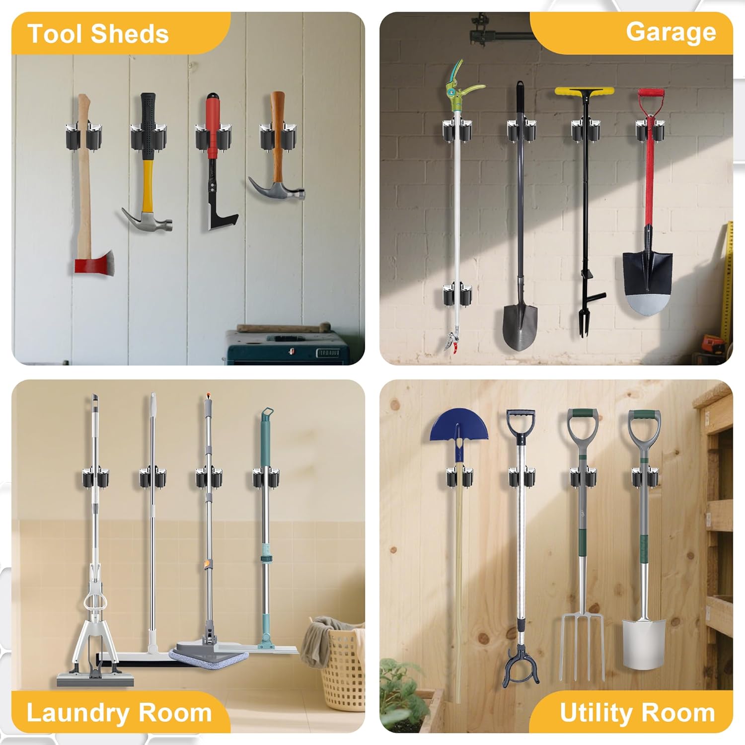 Skiennix Broom Holder Wall Mount - 3 Pack with Star Shaped Rubber Rollers & Durable Nickel Plated Brackets for Garden Tool Organization