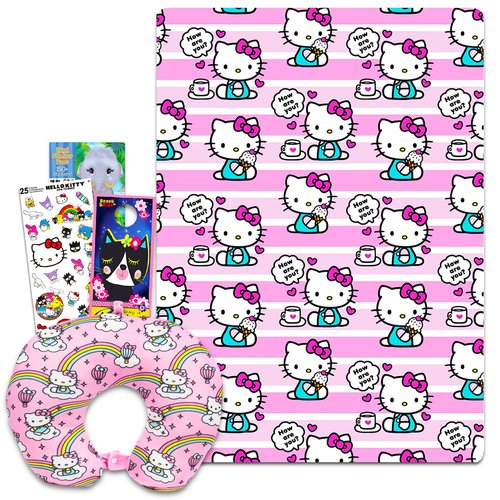 Hello Kitty Neck Pillow and Blanket Set - Bundle with Hello Kitty Fleece Blanket, Travel Neck Pillow, Stickers, Create a Face Activity Book, and More