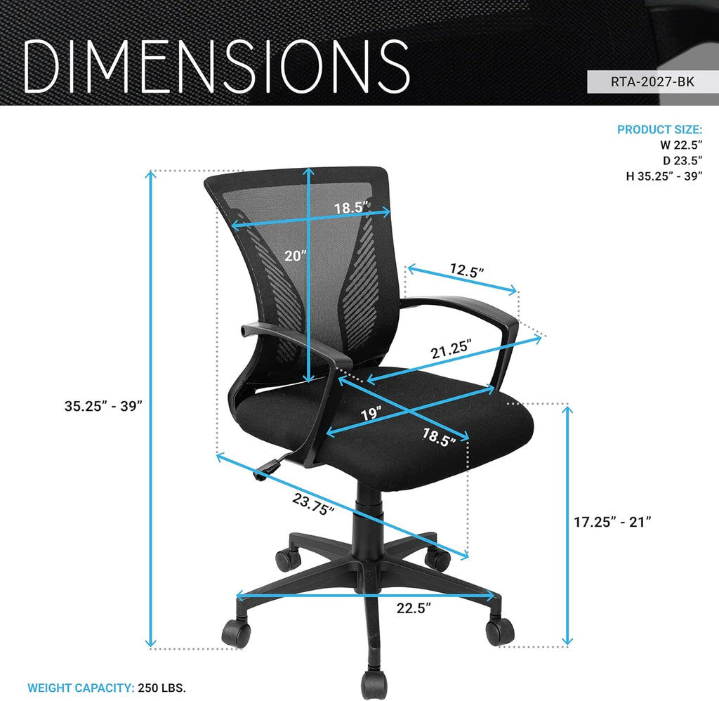 Techni Mobili Ergonomic Black Mesh Office Chair - Adjustable Height & Lumbar Support for Home Office