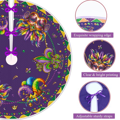 VISSTREE Mardi Tree Skirt, 48 Inch Mardi Carnival Tree Decorations, Purple Carnival Masquerade Mask Round Collar Mat for Christmas Gras Holiday Festive Party Indoor Ornaments Home Decor