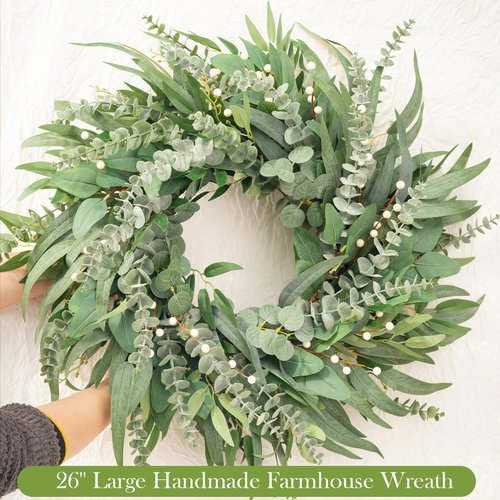 22 Inch Eucalyptus Wreaths for Front Door Year Round, Large Green Artificial Farmhouse Wreath for Home Decorations Outdoo Indoor Wall Window Porch