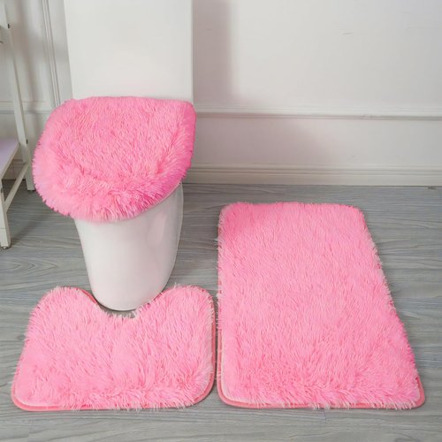 Eanpet Pink Bathroom Rug Set - 3-Piece Washable Bath Mats with U-Shaped Contour Rug & Toilet Lid Cover
