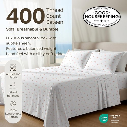 California Design Den Twin XL Bed Sheets Set - 100% Cotton, 400 Thread Count, Smooth Sateen Finish, Floral Design