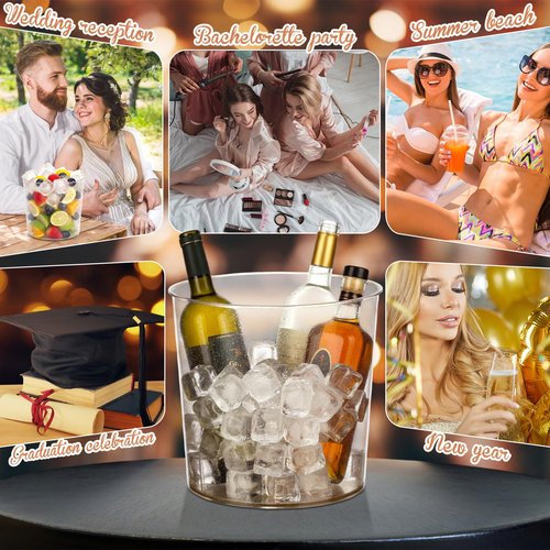 FillTouch 24 Pcs Plastic Ice Bucket 6 Liter Clear Ice Drink Wine Cooler for Wedding Large Champagne Beer Buckets Beverage Tub Soda Chiller for Party Bar Flower Vase Trash Can (Glitter Gold)