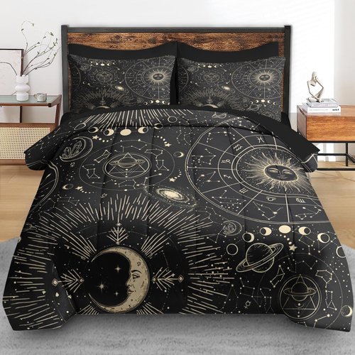 Pamnest Comforter Set Queen Size, Sun Moon Astrology 7 Pcs Bedding for Kids and Adults, Space Science Galaxy Retro Bed Sheet Sets with Fitted Sheet 2 Pillowcases & 2 Shams for Bedroom Bed Decor