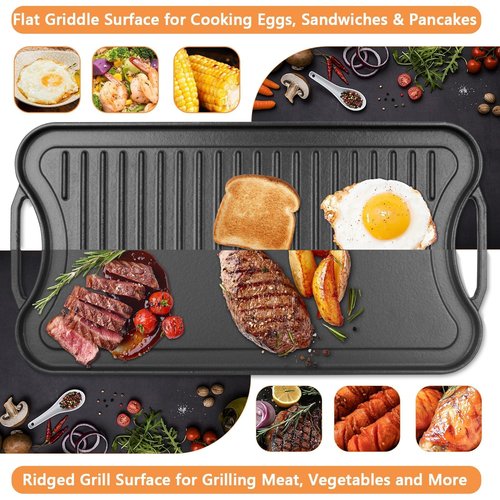 PETKAO Reversible Cast Iron Griddle Plate for Gas Grill, Stovetop Grill Pan for Electric Stove, Pre-Seasoned Grill Griddle Pan for Gas Stove Top 2 Burner, Extra Large Stove Top Grill Plate 20" x 10.5"