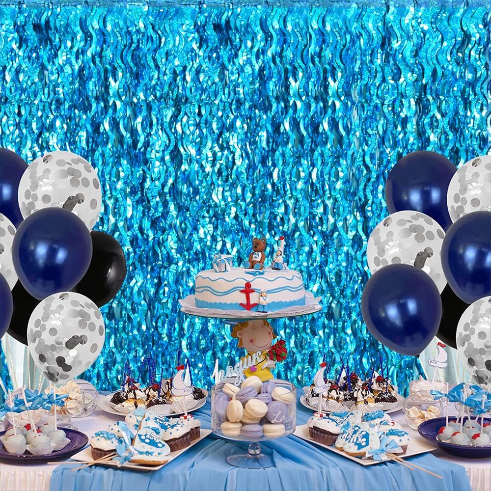 TONIFUL Wavy Metallic Tinsel Foil Fringe Curtains - Teal Blue Photo Booth Backdrop | 6.6ft x 6.6ft