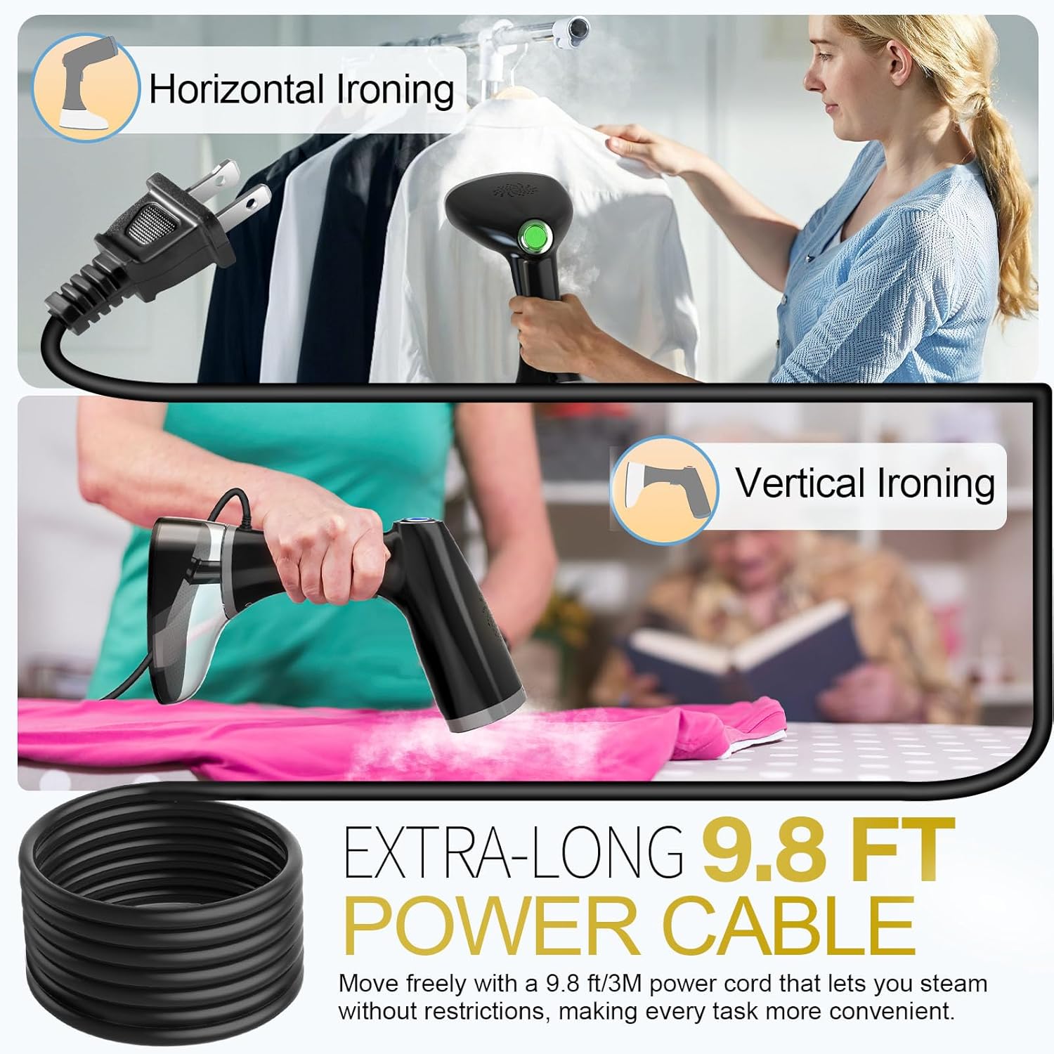 Skiennix Handheld Clothes Steamer - 1800W Fast Heat-Up, 3 Steam Settings, 380ml Tank, Portable Travel Use