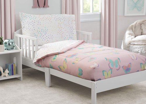 Delta Children 4 Piece Toddler Bedding Set for Girls - Reversible 2-in-1 Comforter - Includes Fitted Comforter to Keep Little Ones Snug, Bottom Sheet, Top Sheet, Pillow Case - Pink Butterfly Flutter