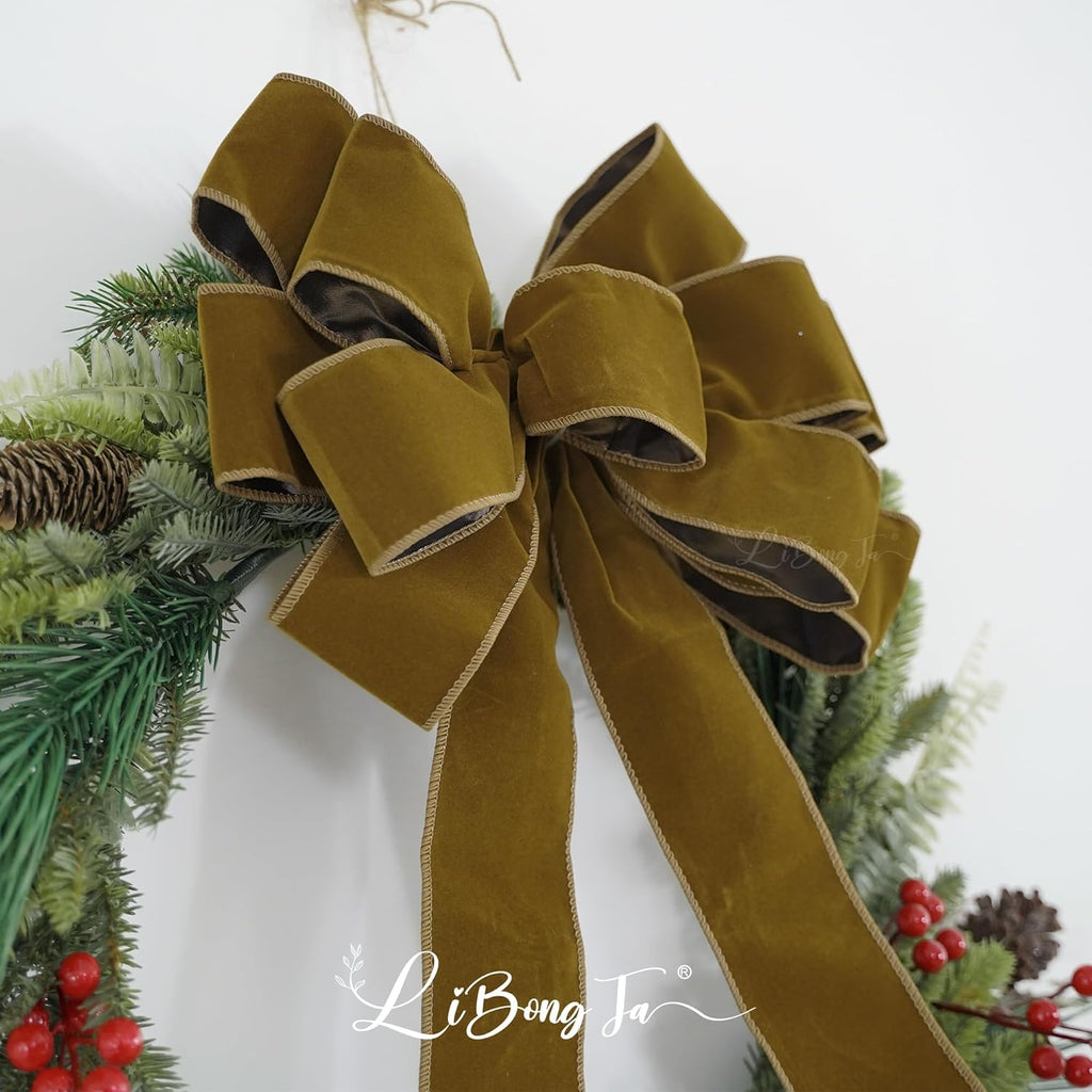 Skiennix 13-Inch Khaki Velvet Bow - Pre-Tied Rustic Decoration for Christmas Trees & Wreaths