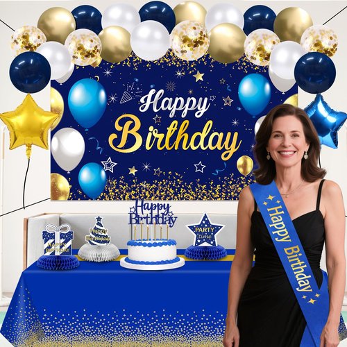 Birthday Decorations Navy Blue Gold - Happy Birthday Banner, Sash, Balloons, Tablecloth, Cake Topper, Candles,Table Decorations - 35pcs Party Decor for Men and Boys