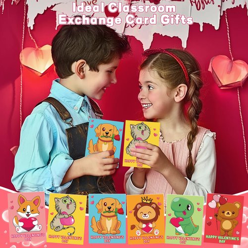 30 Pack Valentines Day Gifts for Kids Classroom Animal Finger Lights Toys with Valentine Day Cards for Kids School, Valentines for Class Exchange Cards Gifts Prizes Party Favors for Boys Girls