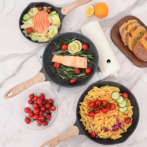 JEETEE Non Stick Frying Pan Set, Frying Pans Nonstick, Omelette Skillet with Soft Touch Handle, 3-Piece Cookware Set 8 Inch 9.5 Inch 11 Inch