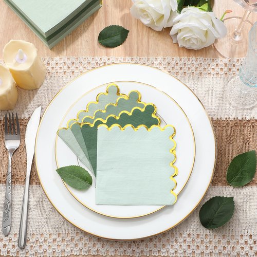 Saypacck 100 Pack Scalloped Cocktail Napkins with Gold Foil Accents Beverage Napkins Scalloped Disposable Paper for Wedding Shower Baby Dinner Birthday Party Supplies 5 x 5''(Green)