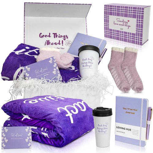 Loving Hue Chemo Care Package, Cancer Care Gifts for Women with Blanket, Socks, Journal, Tumbler (Purple)