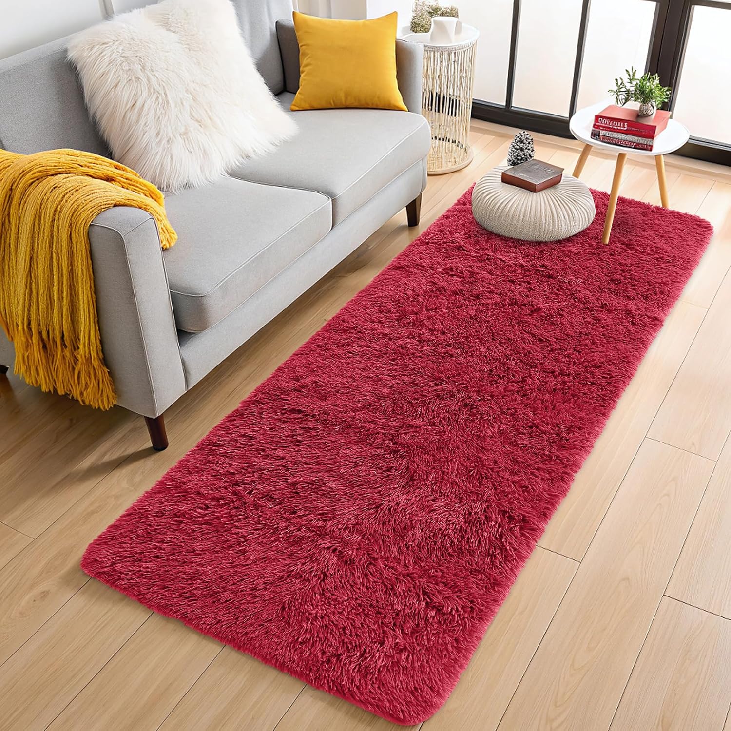 OLANLY 2x8 Machine Washable Runner Rug - Soft Fluffy Shaggy Design for Bedroom & Hallway | Red Indoor Carpet