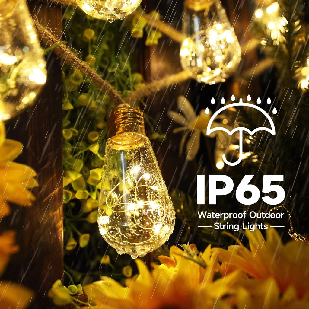 Skiennix Solar Outdoor String Lights - 20Ft Vintage Rope Hemp | Waterproof Warm White with 8 Modes & 16 Shatterproof Bulbs