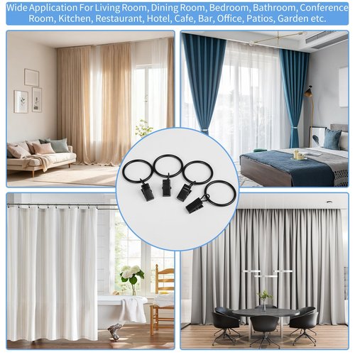 Manysky Curtain Rings with Clips, 42 Pack Metal Drapery Rings with Clips Hooks Hangers for Hanging Drapes Bows Hats, Drapes Rings 1.26 in Interior Diameter, Fits Up to 1 in Curtain Rod, Black