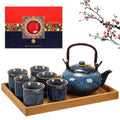 Layhit Japanese Asian Tea Set for Adults with 1 Teapot 6 Cups 1 Tray Traditional Portable Japanese Kiln Altered Glaze Porcelain Tea Set for Women Mother's Day Gifts(Blue)