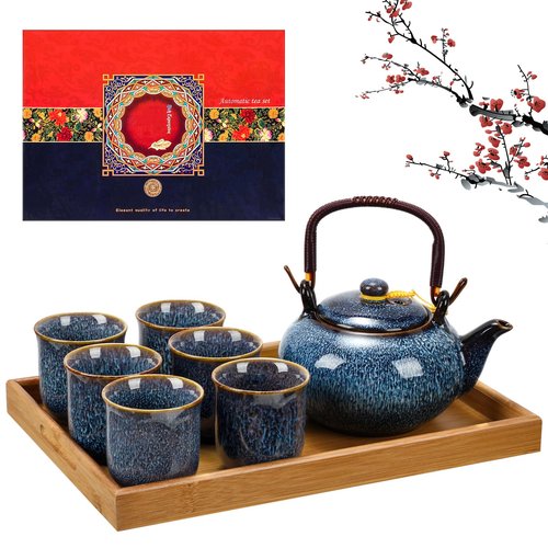 Layhit Japanese Asian Tea Set for Adults with 1 Teapot 6 Cups 1 Tray Traditional Portable Japanese Kiln Altered Glaze Porcelain Tea Set for Women Mother's Day Gifts(Blue)