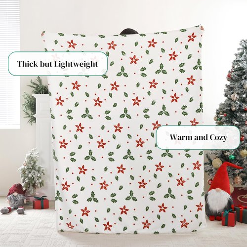 Christmas Fleece Print Throw Blanket Twin Size, Super Soft Plush Cozy Fuzzy Red Floral and Green Leaves Printed Twin Blankets for Couch Sofa Bed, and Home, Microfiber Flannel, All Seasons 60x80 Inches