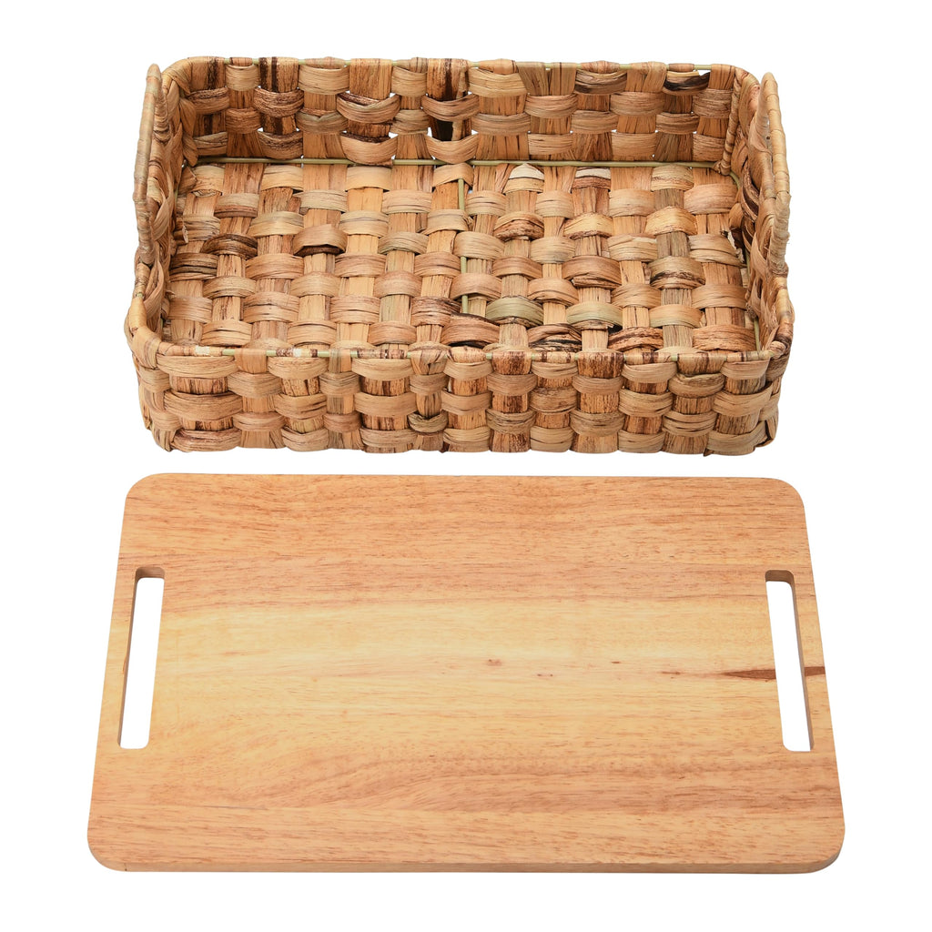 Household Essentials Stackable Hyacinth Baskets with Oak Lids, Natural, Set of 2