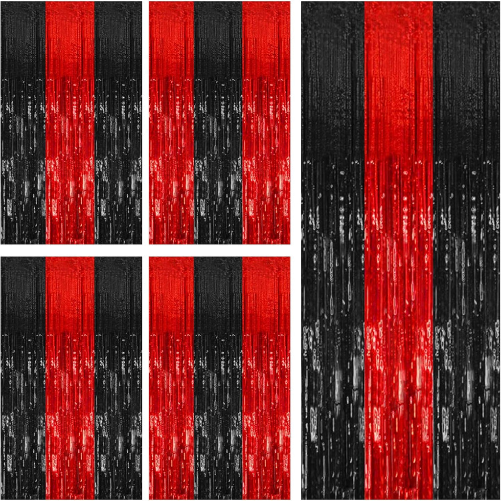 Skiennix 5 Pack Foil Fringe Curtains - Black & Red Party Backdrop Decorations for Events & Celebrations