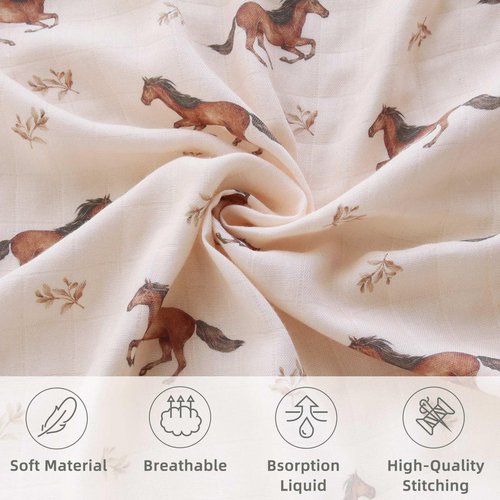 LifeTree Baby Swaddle Blankets, Muslin Swaddle Blankets Boys Girls Swaddling Wrap Receiving Blanket for Newborn, 70% Viscose Bamboo and 30% Cotton, Large 47" x 47", Horse Pattern